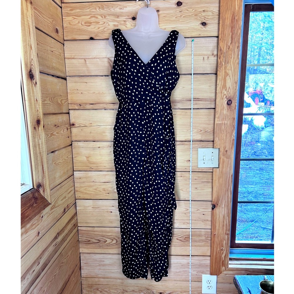 Lulus Black White Polka Dot Sleeveless Wide Leg Jumpsuit V-Neck Medium Cottageco